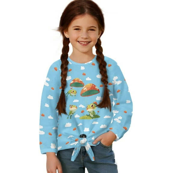 Xixirimido Mushroom Frog Clouds Blue Pattern Girls Long Sleeve Shirt Kids Crewneck T-Shirts Trendy 3D Graphic Tie-hem Cute Tees for Fall Winter, Size 11-12