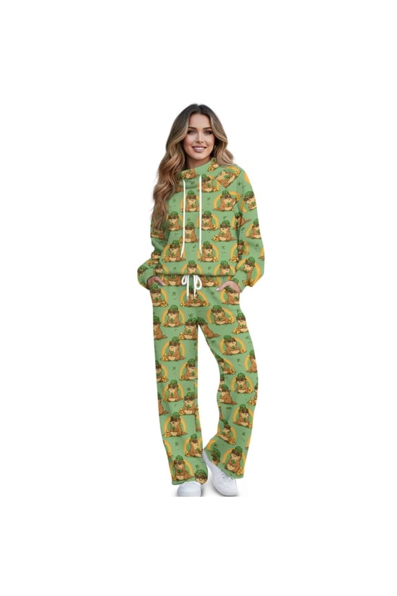 Otter Shamrock Rainbow Coin Print Women's Sweatsuits 2 Piece Outfit Fall Fashion Lounge Sets Long Sleeve Sweatshirt Wide Leg Sweatpants for St. Patrick’s Day Tracksuit, Large