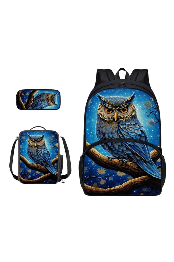 Owl Blue Galaxy Print Backpack Set for Kids Boys Girls 17in Large School Bag with Lunch Bag Pencil Bag 3 Pcs Set Back to School Supplies