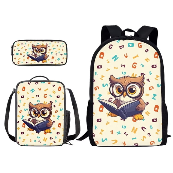 Xixirimido Owl Letters Pattern 3Pcs Backpack and Lunch Bag Set for Kids School Bag Junior Teens Bookbag Lightweight Schoolbag Bag Pack 3 in 1