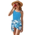 thumbnail image 1 of Xixirimido Palm Leaf Blue Print Girls Swimsuits Set One Piece Swimsuit with Mesh Cover Up Quick Dry Summer Bathing Suit with Adjustable Strap & Removable Bra, Size 13-14 Years, 1 of 7