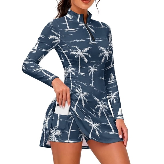 Xixirimido Palm Trees Blue Print Golf Dresses for Women Long Sleeve 1/4 Zip Tennis Dress with Shorts and Pockets UPF 51+ Workout Athletic Dress, XX-Large