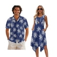 thumbnail image 1 of Xixirimido Palm Trees Blue Tropical Print Couples Matching Vacation Outfits Men's Breathable Short Sleeve Shirt & Women's Irregular Hem Dress Coordinated Summer Wear for Dating, Size 4XL, 1 of 7