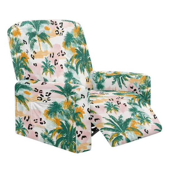Xixirimido Palm Trees Leopard Tie-dye Pattern Printed Recliner Slipcover Stretch Reclining Chair Covers 4 Pieces Non Slip Recliner Sofa Slipcovers with Pocket Lazy Boy Chair Cover for Pet Kid