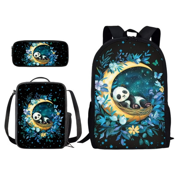 Xixirimido Panda Floral Moon Pattern Kids Backpacks for Middle School, Lightweight Bookbag Water Resistant with Lunch Pack Pencil Bag 3pcs
