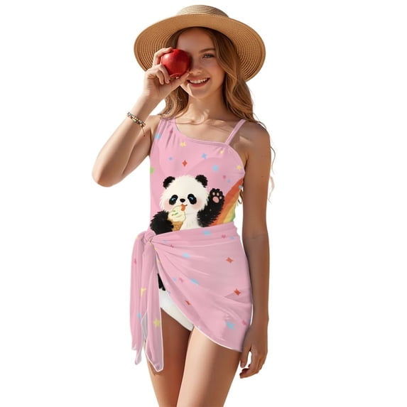 Xixirimido Panda Ice Cream Ranibow Pink Print Girls One Piece Swimsuit with Mesh Cover Up Teen Adjustable Strap Bathing Suits with Removable Bra Swimwear Set, Size 17-18 Years
