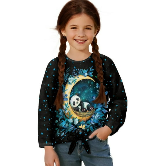 Xixirimido Panda Moon Floral Pattern Girls Casual Tunic Tops Tie-hem Long Sleeve Loose Soft Blouse T-Shirt Cute Graphic Girls Shirts, Size 11-12