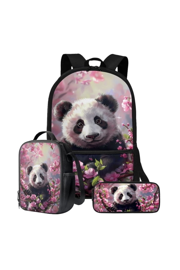 Panda Pink Floral Print Kids Backpack Set for Boys Girls 17in School Backpack & Lunch Bag & Pencil Bag 3 in 1 Set for School Picnic Travel Daypack