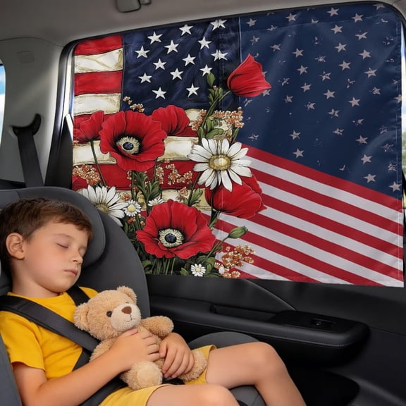 Xixirimido Patriotic Floral USA Flag Car Rear Side Window Sun Shade, Independence Day Memorial Magnetic Dual Layer UV Protection Curtain, Privacy Sun Blocker Universal Car SUV Kids Rest