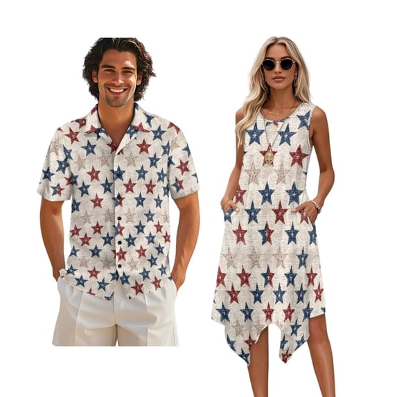 Xixirimido Patriotic Stars Print Matching Couple Outfits His and Hers Set Men's Button Down Shirt & Women's Sleeveless Midi Dress Summer Casual Beach Vacation Clothes, 3XL