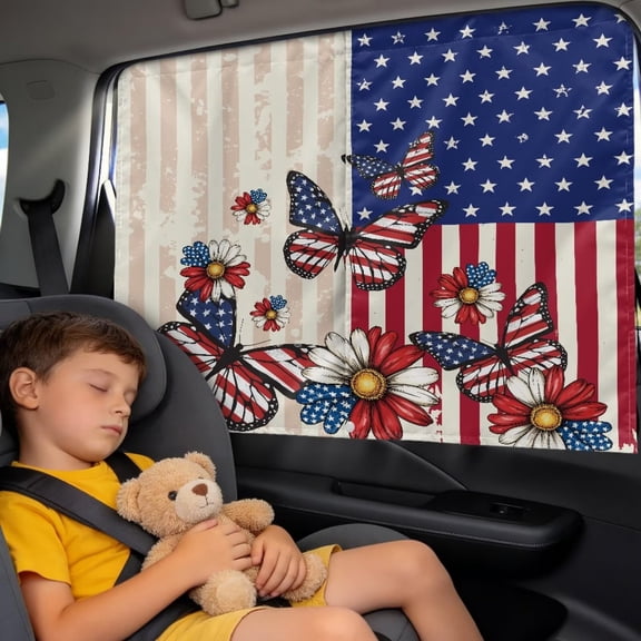 Xixirimido Patriotic USA Flag Butterfly Floral Car Rear Side Window Sun Shade, 250th Independence Day Magnetic Dual Layer UV Protection Privacy Curtain, Universal SUV Truck Kids Nap Sun Blocker