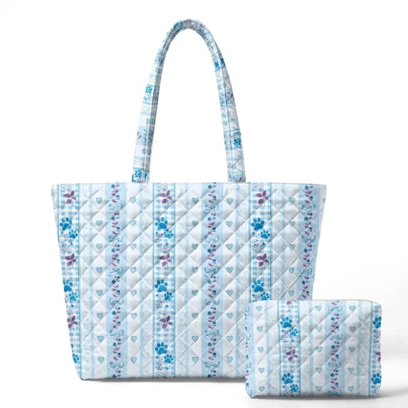 Xixirimido Paws Heart Stripes Blue Quilted Tote Bag 2 Pack for Women, Lightweight Work Travel Tote Handbag with Cosmetic Bag Zipper Closure