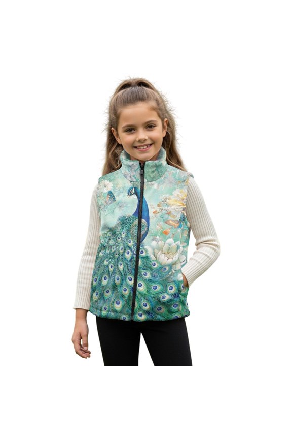 Peacock Butterfly Floral Pattern Girls Fleece Vest Sleeveless Stand-up Collar Jacket with Pockets Full-Zip Fall Winter Warm Outerwear for 5-6