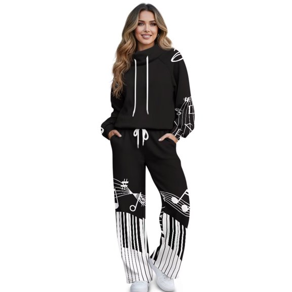 Xixirimido Piano Music Notes Black Print Women's Sweatsuits 2 Piece Outfit Fall Fashion Airport Lounge Sets Long Sleeve Sweatshirt Wide Leg Sweatpants Plus Size Tracksuit, Medium