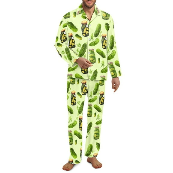 Xixirimido Pickles Green Print Men's Pajamas Set Long Sleeve Button Down Pajamas for Men Fall Winter Sleepwear 2Piece Lounge PJs with Pockets, Large