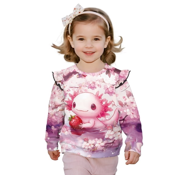 Xixirimido Pink Axolotl Cherry Blossom Strawberry Print Ruffle Shoulder Toddler Girls Sweatshirt Long Sleeve Graphic Pullover Top Soft Crewneck Sweater Fall Winter Wear, for 2-3T