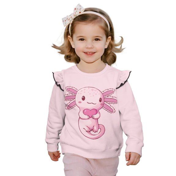 Xixirimido Pink Axolotl Heart Print Girls Toddler Sweatshirt Long Sleeve Ruffle Shoulder Pullover Sweater Graphic Crewneck Top Cozy Fall Winter Clothes, for 7-8Y