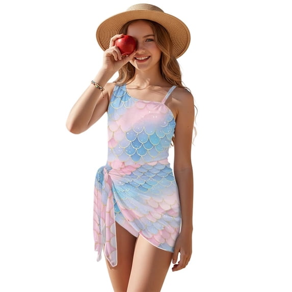 Xixirimido Pink Blue Mermaid Scale Print Girls One Piece Swimsuit with Adjustable Strap and Mesh Cover Up Skirt, One Shoulder Cute Bathing Suit Swimwear Set, Size 17-18 Years