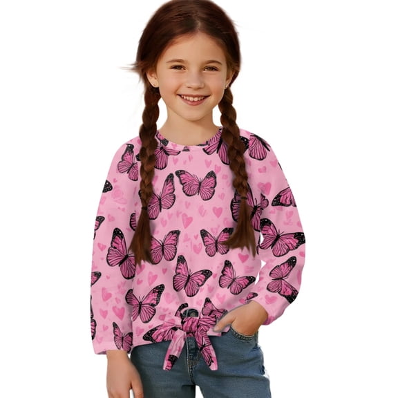 Xixirimido Pink Butterfly Hearts Pattern Girls Casual Long Sleeve Shirts Knot Tie-hem Tunic Tops Crewneck Tees Blouses Girls Fashion Clothes, Size 5-6