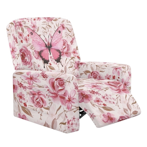 Xixirimido Pink Butterfly Rose Floral Printed Recliner Slipcover Stretch Reclining Chair Covers 4 Pieces Non Slip Recliner Sofa Slipcovers with Pocket Lazy Boy Chair Cover for Pet Kid