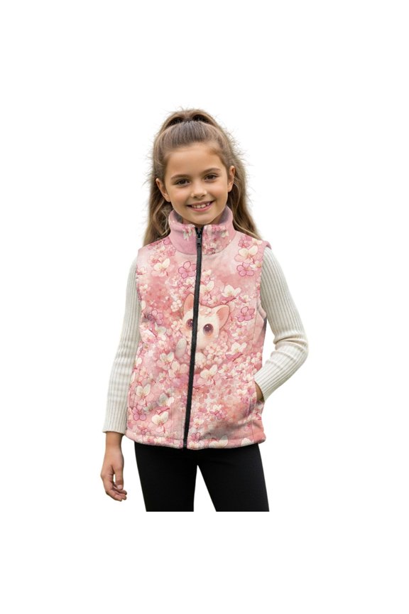 Pink Cat Cherry Blossom Pattern Boys Girls Full Zip Fleece Vest Sleeveless Stand Collar Outwear Warm Jacket with Pockets for 3T