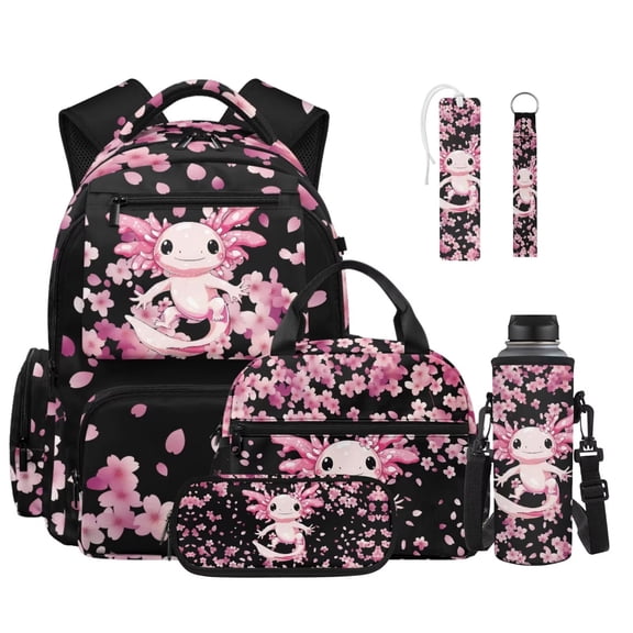 Xixirimido Pink Cherry Blossom Axolotl 6 in 1 Kids Backpack Set with Insulated Lunch Bag Pencil Case Water Bottle Sleeve Keychain Bookmark, 17 Inch School Bookbag for Boys Girls Back to School