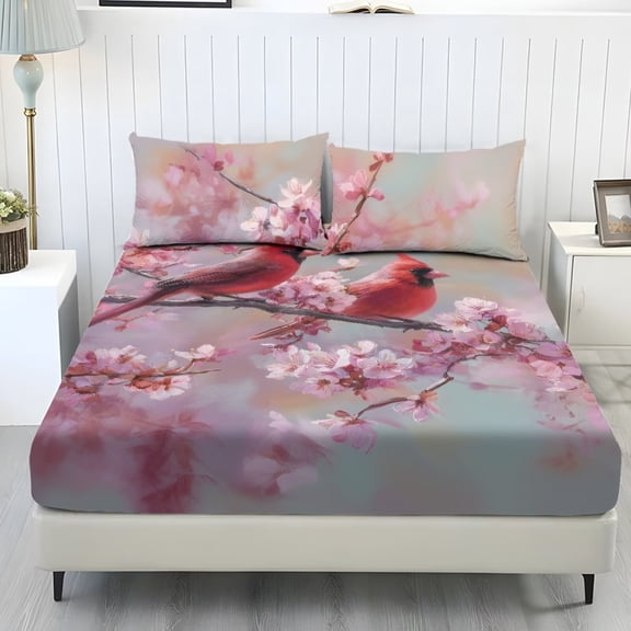Xixirimido Pink Cherry Blossom Cardinal Birds Print Fitted Sheet and Pillowcases Set, Luxury Soft Bed Sheet All Around Elastic Bedsheet Deep Pocket, 1 Fitted Sheet and 2 Pillowcases, Twin Size