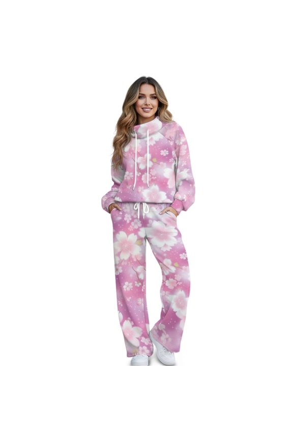 Pink Cherry Blossom Print Womens Sweatsuits 2 Piece Lounge Sets Fall Fashion Outfit Long Sleeve Sweatshirt Wide Leg Sweatpants Matching Tracksuit Sets, X-Small