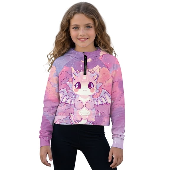 Xixirimido Pink Cute Dragon Pattern Kids Half Zip Hoodies for Girls 3D Graphic Hooded Sweatshirt Zipper Long Sleeve Pullover Top with Pockets Size 13-14