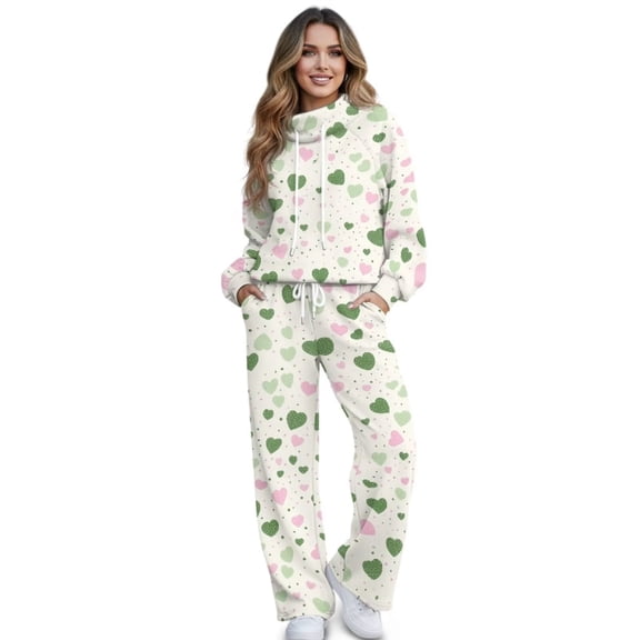 Xixirimido Pink Green Hearts Print Womens Sweatsuits 2 Piece Lounge Sets Fall Fashion Outfit Long Sleeve Sweatshirt Wide Leg Sweatpants Matching Tracksuit Sets, X-Small