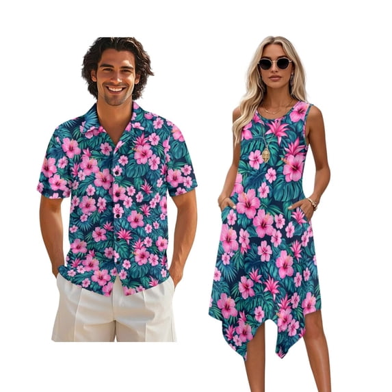 Xixirimido Pink Hibiscus Palm Leaf Print Couples Matching Vacation Outfits Men's Breathable Short Sleeve Shirt & Women's Irregular Hem Dress Coordinated Summer Wear for Dating, 3XL