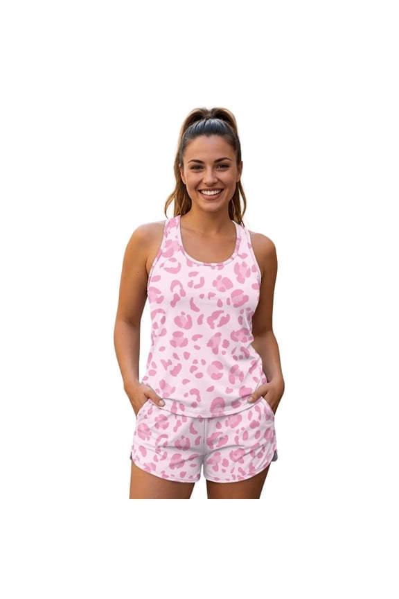 Pink Leopard Cheetah Print Two Piece Tankini Swimsuits for Women with Shorts Tummy Control Bathing Suits Athletic Swimwear with Pockets UPF Protection, 3XL