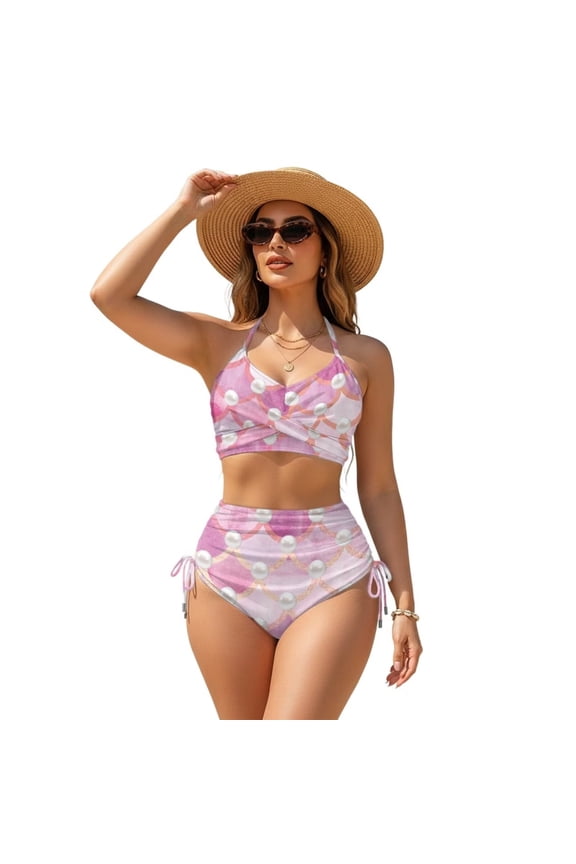 Pink Mermaid Scale Pearl Print Womens Tummy Control Bathing Suits Modest High Waisted Bikini Sets Cute Halter Tie Back 2 Piece Swim Suit, 2XL