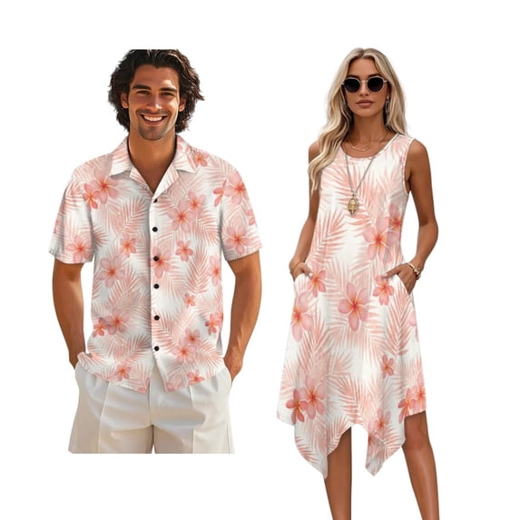 Xixirimido Pink Palm Leaf Floral Matching Couple Outfits Men’s Button-down Hawaiian Shirt Women Sleeveless Midi Dress with Pocket Couples Matched Summer Outfits for Beach Vacation, L