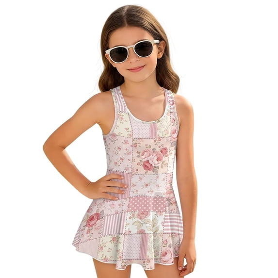 Xixirimido Pink Rose Floral Patchwork Print Girls Swimsuit Sleeveless One Piece Skirted Swimwear Modest Hawaiian Bathing Suit for Beach Water Park Kids Swim Dress, 3-4 Years