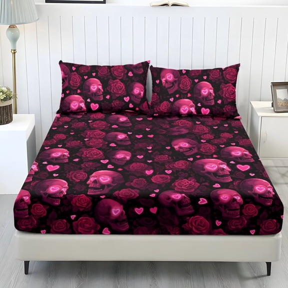 Xixirimido Pink Skulls Hearts Roses Print Bed Sheets Set 3 Piece Bedding Sheet Set, Comfy Non-Slip Bedsheet & Pillowcases Deep Pocket Fitted Sheet for Women Men, Twin Size
