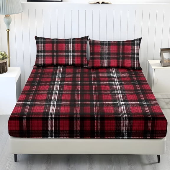 Xixirimido Plaid Red Print 3-Piece Bedding Set Hotel Luxury - Deep Pocket Fitted Sheet & 2 Pillowcases - Ultra Soft & Wrinkle Resistant, Twin Size