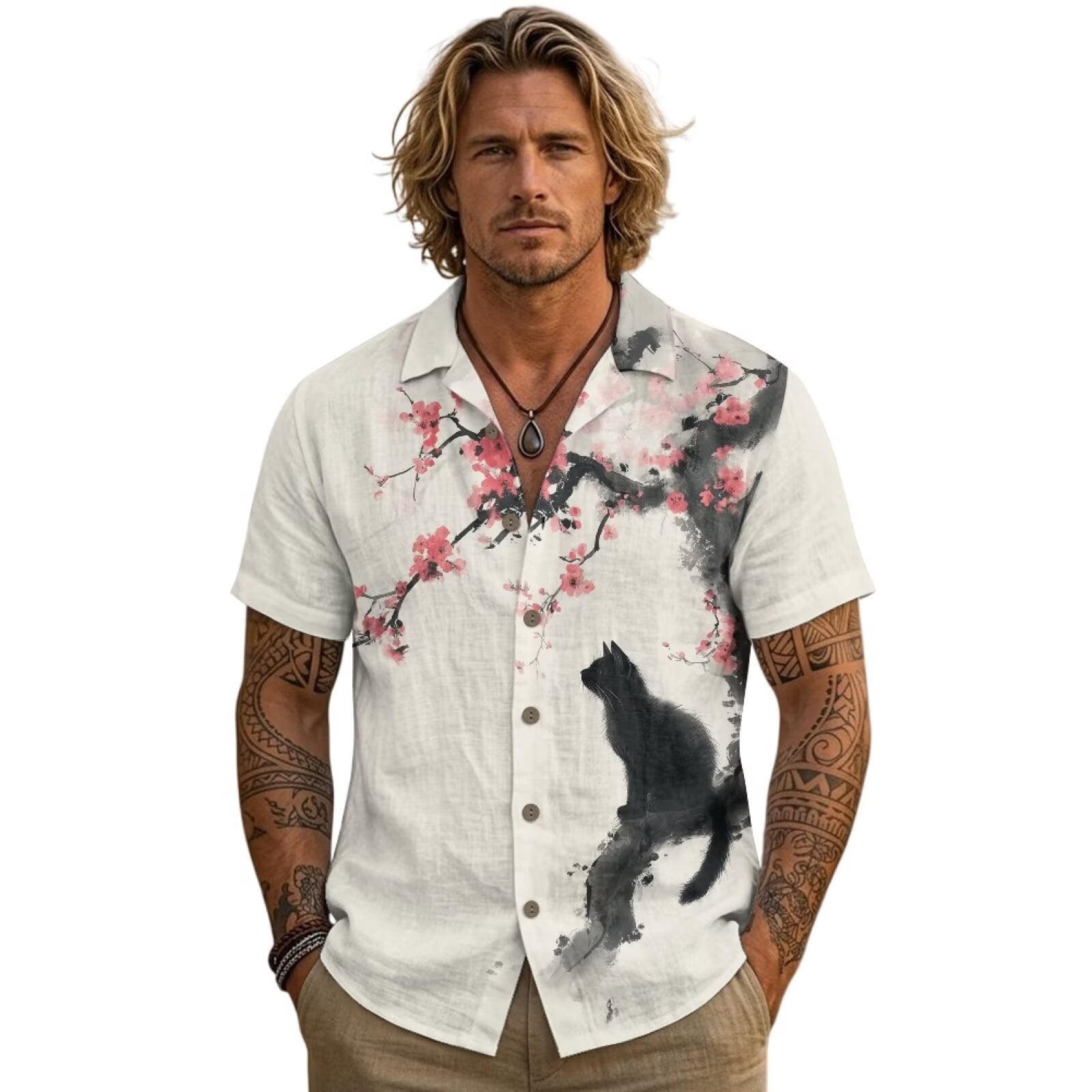 Xixirimido Cherry Blossom Sea Wave Sunset Print Men's Linen Short