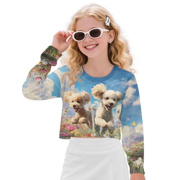 Xixirimido Poodle Dog Vibrant Floral Girls Crop Tops Kids Long Sleeve Pullover Sweatshirts Girls Cropped Crewneck Sweatshirt Teen Spring Fall Outfits for 7-8 Years