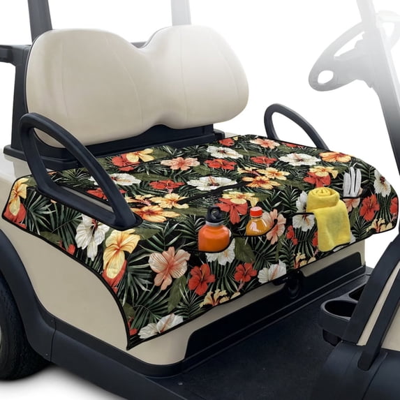 Xixirimido Portable Golf Cart Seat Covers, Quilted Golf Cart Seat Towel Blanket with 4 Pockets Universal Fit for EZGO Club Car and More 2 Person Seats Carts, Tropical Hibiscus Floral Leaf