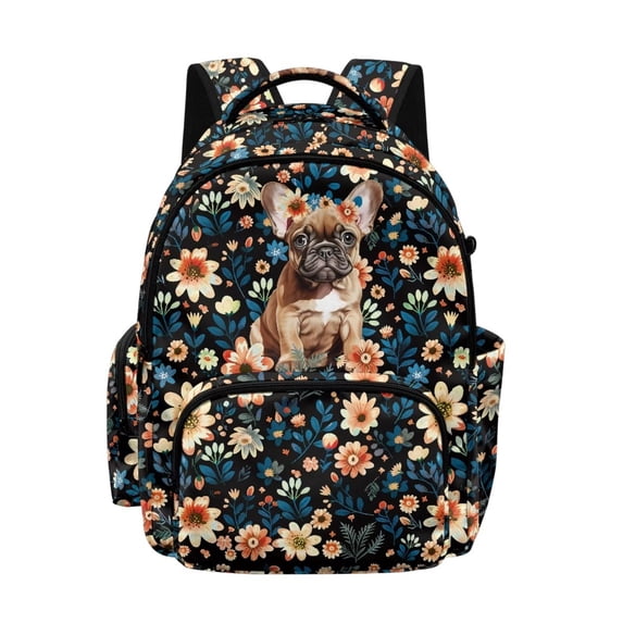 Xixirimido Pug Dog Floral Print 17" Multi Pockets Kids Backpack for Boys Lightweight School Bag Girls Large Bookbag for Elementary Middle High School Students