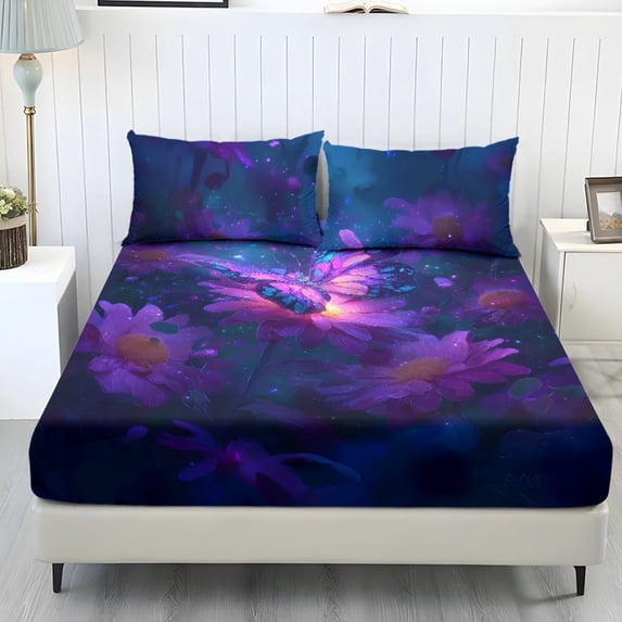 Xixirimido Purple Butterfly Daisy Flowers Print Sheet Set Comfy Easy Care 3 Pieces Bedding Set 1 Fitted Sheet & 2 Pillowcases, All Around Elastic Bed Sheet for Women Men, Twin Size