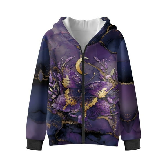 Xixirimido Purple Butterfly Rose Marble Printed Kids Hoodies for Boys Girls Zip Up Jacket with Pocket Teens Long Sleeve Hooded Sweatshirt Fall Winter Pullover Top for 12-14 Years
