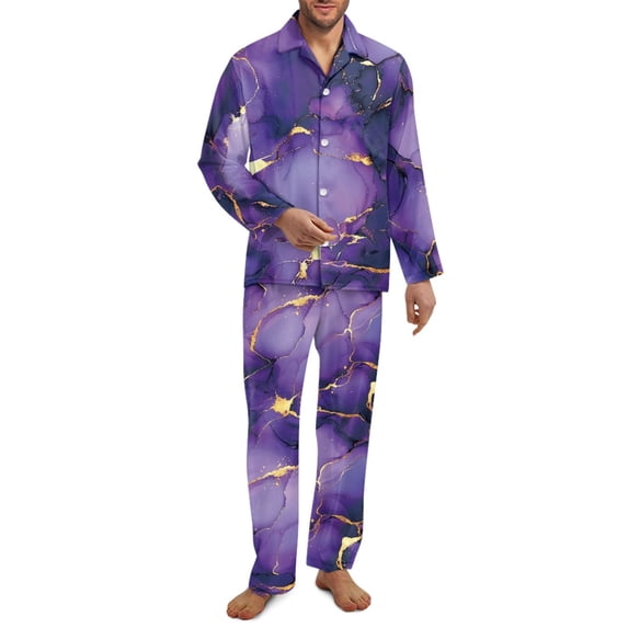 Xixirimido Purple Marble Pattern Mens Pajama Set Soft Button Down Pajamas Long Sleeve Pjs Sleepwear Loungear Comfy Sleep Sets with Pockets, XX-Large