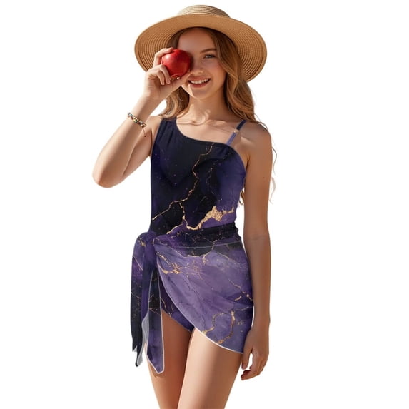 Xixirimido Purple Marble Print Quick Dry Girls One Piece Swimsuit with Removable Bra, Modest One Shoulder Bathing Suit with Mesh Cover Up Skirt, Size 17-18 Years