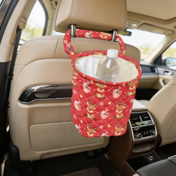 Xixirimido Quilted Car Trash Bin, Hanging Seat‑Back Organizer Reusable, Quilted Fabric, Adjustable Hanging Strap, Spacious, Easy to Install, Fits Most Car Headrests, Cute Red Christmas Reindeer