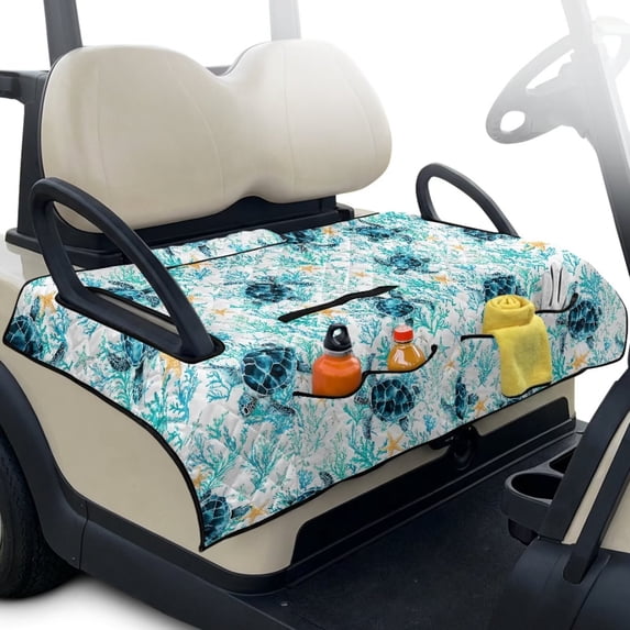 Xixirimido Quilted Golf Cart Seat Blanket Universal Heavy Duty Golf Cart Seat Cover Towel for EZGO Yamaha Club Car & More 2-Seater Carts Foldable Seat Covers, Sea Turtle Corals Starfish