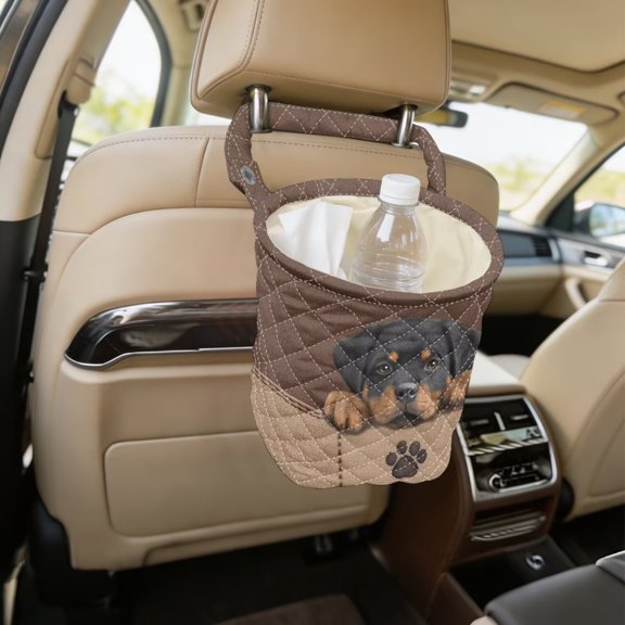 Xixirimido Quilted Hanging Car Trash Can, Seat‑Back Storage Bin Universal, Durable Quilted Fabric, Adjustable Strap, Spacious Storage, Reusable, Fits Most Car Headrests, Rottweiler Puppy Pocket