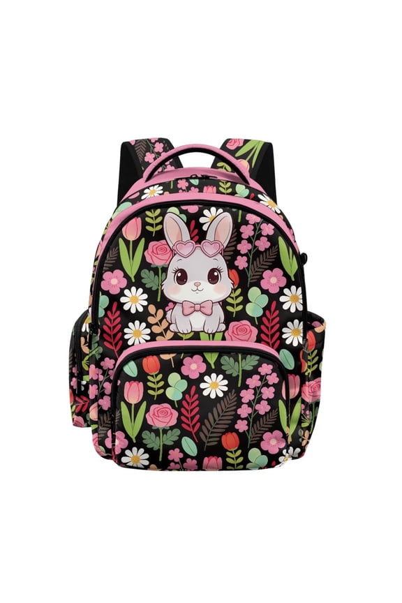 Rabbit Bunny Colorful Floral Print Kids Backpack for Boys Girls Elementary Students Bookbag Middle High School Bag Lightweight Backpacks Laptop Bag 17"