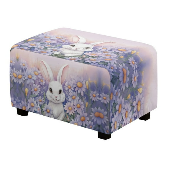 Xixirimido Rabbit Bunny Daisy Flower Pattern Stretch Ottoman Cover Rectangle Footstool Slipcover Folding Storage Stool Protector Nonslip Footrest Ottoman Cover with Elastic Bottom, Large